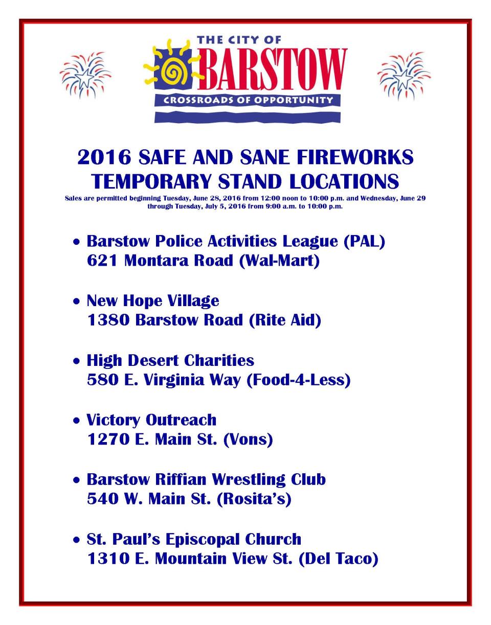 Fireworks - 2016 Stand Location Listing